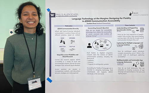 A student stands with her poster presentation.