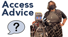 AccessAdvice text with a question mark in a speech bubble underneath next to Elaine Short and a robot