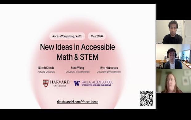 New Ideas in Accessible Math & STEM webinar title page with speakers.