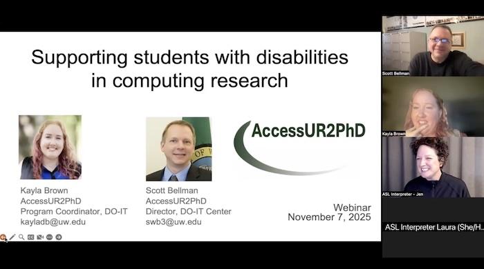 A screenshot from the webinar, with the AccessUR2PhD logo and showing Kayla Brown and Scott Bellman.